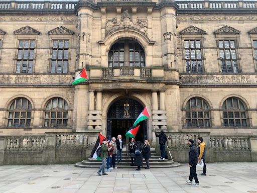 Pro-Palestinian demonstrators outside Sheffield Town Hall.