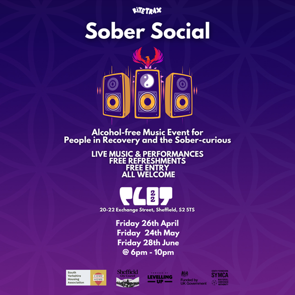 Poster advert for the sober socials hosted by ritetrax at plot22