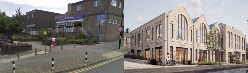 A side by side image of the current Manchester Road, with the mockup of the new landmark Stocksbridge 519