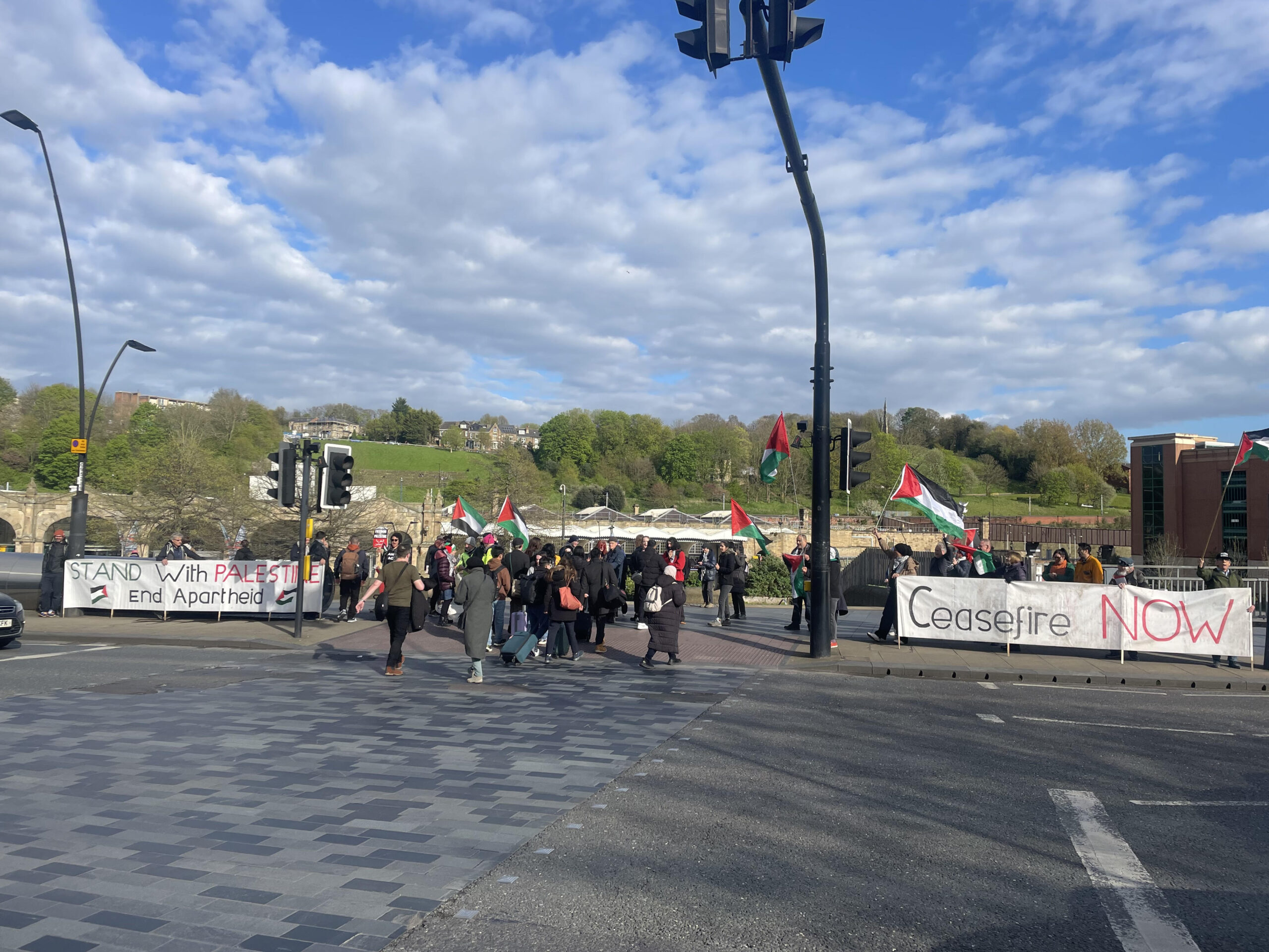 A picture of protesters outside Sheffield Railway Station