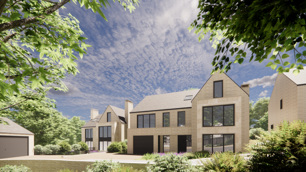 An artistic impression image of two large houses and an adjacent garage, with greenery in the foreground. 