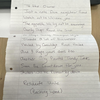 Charity shop ‘blown away’ by worldwide support after receiving horrible letter from residents