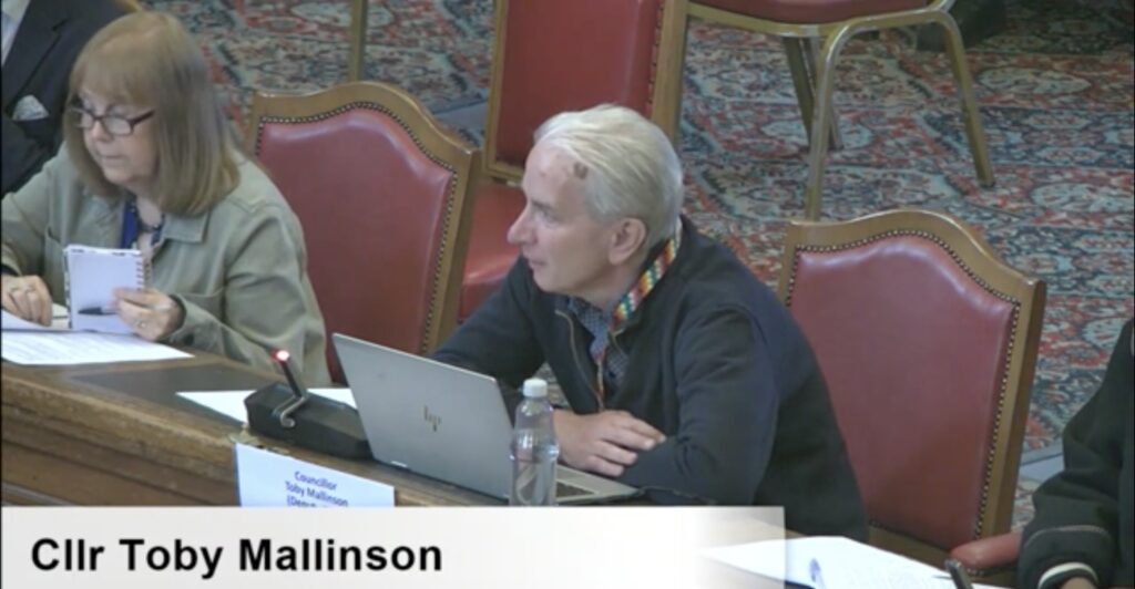 Screencap of Councillor Toby Mallinson from the meeting about home to school options for young people with special educational needs.