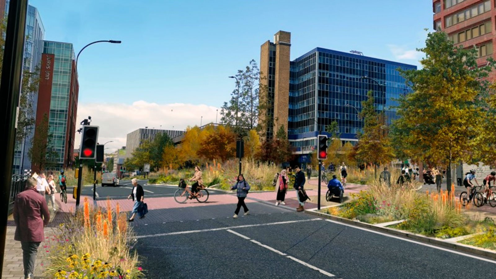 Picture of a road with a pedestrian and cycle crosing