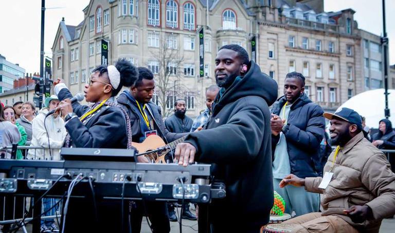live performing dj, dj ag in the centre of sheffield with a pop up dj booth